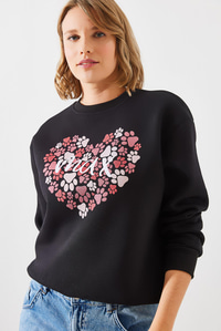 Üç İplik Şardonlu Yuvarlak Yaka Pati Baskılı Sweatshirt MBHS005 60601005 - Siyah