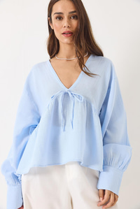 V Yaka Bağlama Detaylı Müslin Bluz 1003 60283051 - Bebe Mavisi