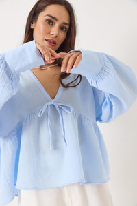 V Yaka Bağlama Detaylı Müslin Bluz 1003 60283051 - Bebe Mavisi