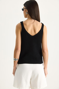 V Yaka Bel Detaylı Basic Triko Bluz 20258007 - Siyah