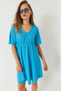 V Yaka Beli Lastikli Bürümcük Basic Mini Elbise 60261488 - Mavi