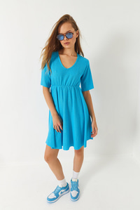 V Yaka Beli Lastikli Bürümcük Basic Mini Elbise 60261488 - Mavi