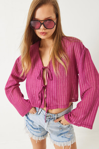 V Yaka Çizgili Bağlama Detaylı Bluz 31193 60283061 - Pembe
