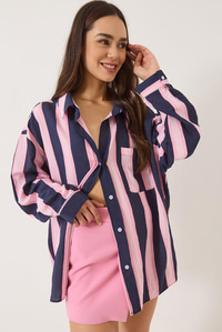 V Yaka Çizgili Cep Detaylı Oversize Gömlek 8036 60283160 - Lacivert-Pembe