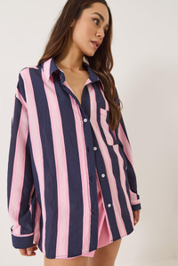 V Yaka Çizgili Cep Detaylı Oversize Gömlek 8036 60283160 - Lacivert-Pembe