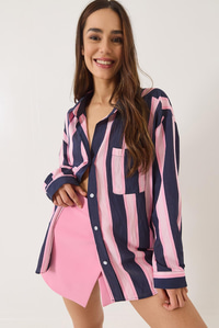V Yaka Çizgili Cep Detaylı Oversize Gömlek 8036 60283160 - Lacivert-Pembe