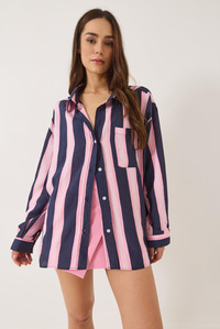 V Yaka Çizgili Cep Detaylı Oversize Gömlek 8036 60283160 - Lacivert-Pembe