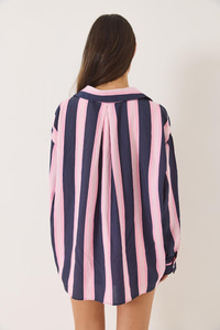 V Yaka Çizgili Cep Detaylı Oversize Gömlek 8036 60283160 - Lacivert-Pembe