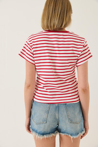 V Yaka Çizgili Rahat Kalıp Basic T-Shirt 60283205 - Kırmızı-Beyaz