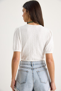 V Yaka Fisto Detaylı Bürümcük Kısa Kollu Crop Bluz 2231 60284051 - Beyaz