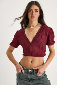 V Yaka Fisto Detaylı Bürümcük Kısa Kollu Crop Bluz 2231 60284051 - Bordo