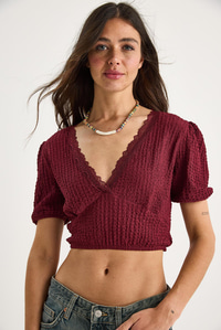 V Yaka Fisto Detaylı Bürümcük Kısa Kollu Crop Bluz 2231 60284051 - Bordo