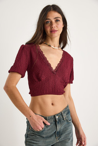 V Yaka Fisto Detaylı Bürümcük Kısa Kollu Crop Bluz 2231 60284051 - Bordo