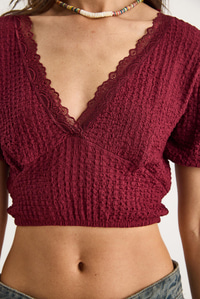 V Yaka Fisto Detaylı Bürümcük Kısa Kollu Crop Bluz 2231 60284051 - Bordo