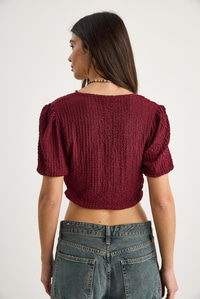 V Yaka Fisto Detaylı Bürümcük Kısa Kollu Crop Bluz 2231 60284051 - Bordo
