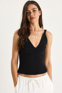 V Yaka İnce Askılı Crop Bluz 20259804 - Siyah