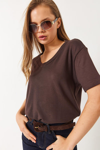 V Yaka Kısa Kollu Viskon T-Shirt 3077 60283074 - Kahverengi