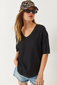 V Yaka Oval Kesim Bürümcük Basic T-Shirt 60261484 - Siyah