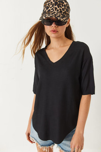V Yaka Oval Kesim Bürümcük Basic T-Shirt 60261484 - Siyah