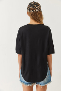 V Yaka Oval Kesim Bürümcük Basic T-Shirt 60261484 - Siyah