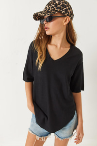 V Yaka Oval Kesim Bürümcük Basic T-Shirt 60261484 - Siyah