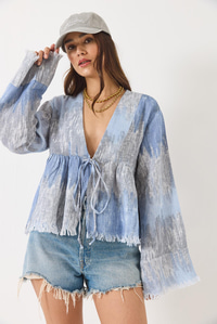 V Yaka Renk Desenli Bağlama Detaylı Yumoş Müslin Kimono 7013 60283139 - Mavi-Gri