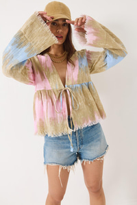 V Yaka Renk Desenli Bağlama Detaylı Yumoş Müslin Kimono 7013 60283139 - Bej-Pudra