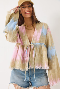 V Yaka Renk Desenli Bağlama Detaylı Yumoş Müslin Kimono 7013 60283139 - Bej-Pudra
