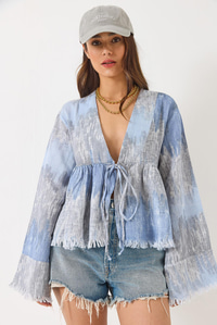 V Yaka Renk Desenli Bağlama Detaylı Yumoş Müslin Kimono 7013 60283139 - Mavi-Gri