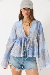 V Yaka Renk Desenli Bağlama Detaylı Yumoş Müslin Kimono 7013 60283139 - Mavi-Gri