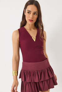 V Yaka Toka Detaylı Fitilli Bluz 60284013 - Bordo