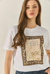 Varak Baskılı Taş Detaylı Kısa Kollu Bisiklet Yaka Pamuklu T-Shirt 60283309 - Beyaz