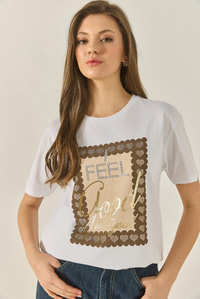 Varak Baskılı Taş Detaylı Kısa Kollu Bisiklet Yaka Pamuklu T-Shirt 60283309 - Beyaz