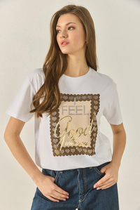 Varak Baskılı Taş Detaylı Kısa Kollu Bisiklet Yaka Pamuklu T-Shirt 60283309 - Beyaz