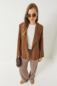 Vatkalı Astarı Çizgili Çilek Kumaş Blazer Ceket 50178 60283002 - Taba