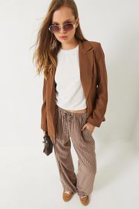 Vatkalı Astarı Çizgili Çilek Kumaş Blazer Ceket 50178 60283002 - Taba