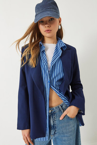 Vatkalı Astarı Çizgili Çilek Kumaş Blazer Ceket 50178 60283002 - Lacivert