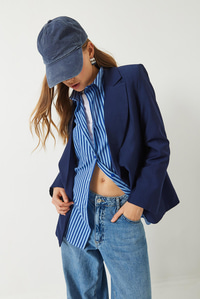 Vatkalı Astarı Çizgili Çilek Kumaş Blazer Ceket 50178 60283002 - Lacivert