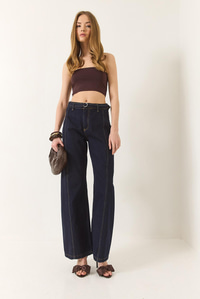 Wide Leg Yüksek Bel Geniş Paça Kemerli Denim Pantolon 774 60283212 - Lacivert
