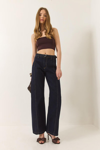 Wide Leg Yüksek Bel Geniş Paça Kemerli Denim Pantolon 774 60283212 - Lacivert