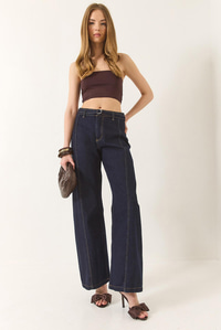 Wide Leg Yüksek Bel Geniş Paça Kemerli Denim Pantolon 774 60283212 - Lacivert