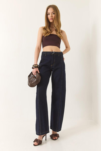 Wide Leg Yüksek Bel Geniş Paça Kemerli Denim Pantolon 774 60283212 - Lacivert