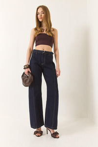Wide Leg Yüksek Bel Geniş Paça Kemerli Denim Pantolon 774 60283212 - Lacivert