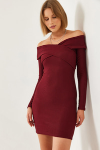 Yaka Çapraz Desenli Elbise 60351232 - Bordo