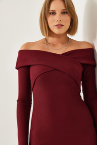 Yaka Çapraz Desenli Elbise 60351232 - Bordo