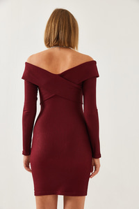 Yaka Çapraz Desenli Elbise 60351232 - Bordo