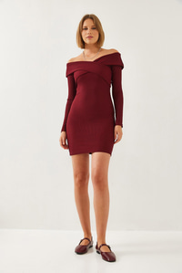 Yaka Çapraz Desenli Elbise 60351232 - Bordo