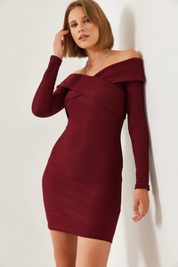 Yaka Çapraz Desenli Elbise 60351232 - Bordo