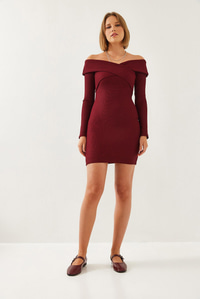 Yaka Çapraz Desenli Elbise 60351232 - Bordo