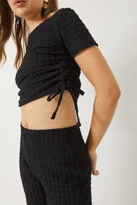 Yanları Bağlamalı Kısa Kollu Crop Gofre Alt-Üst Takım 60284005 - Siyah